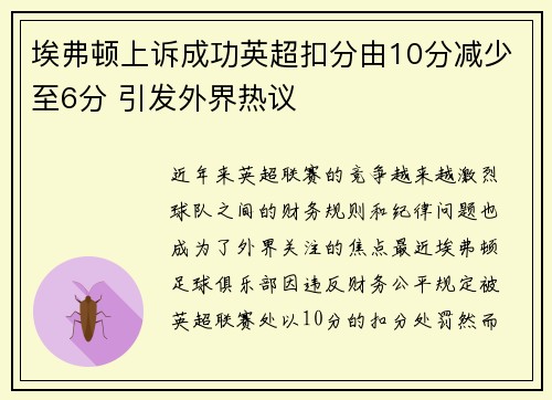 埃弗顿上诉成功英超扣分由10分减少至6分 引发外界热议